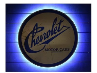 E25113 CHEVROLET MOTOR DIVISION SIGN ON WOOD PLANK WITH LED BACK LIGHTS